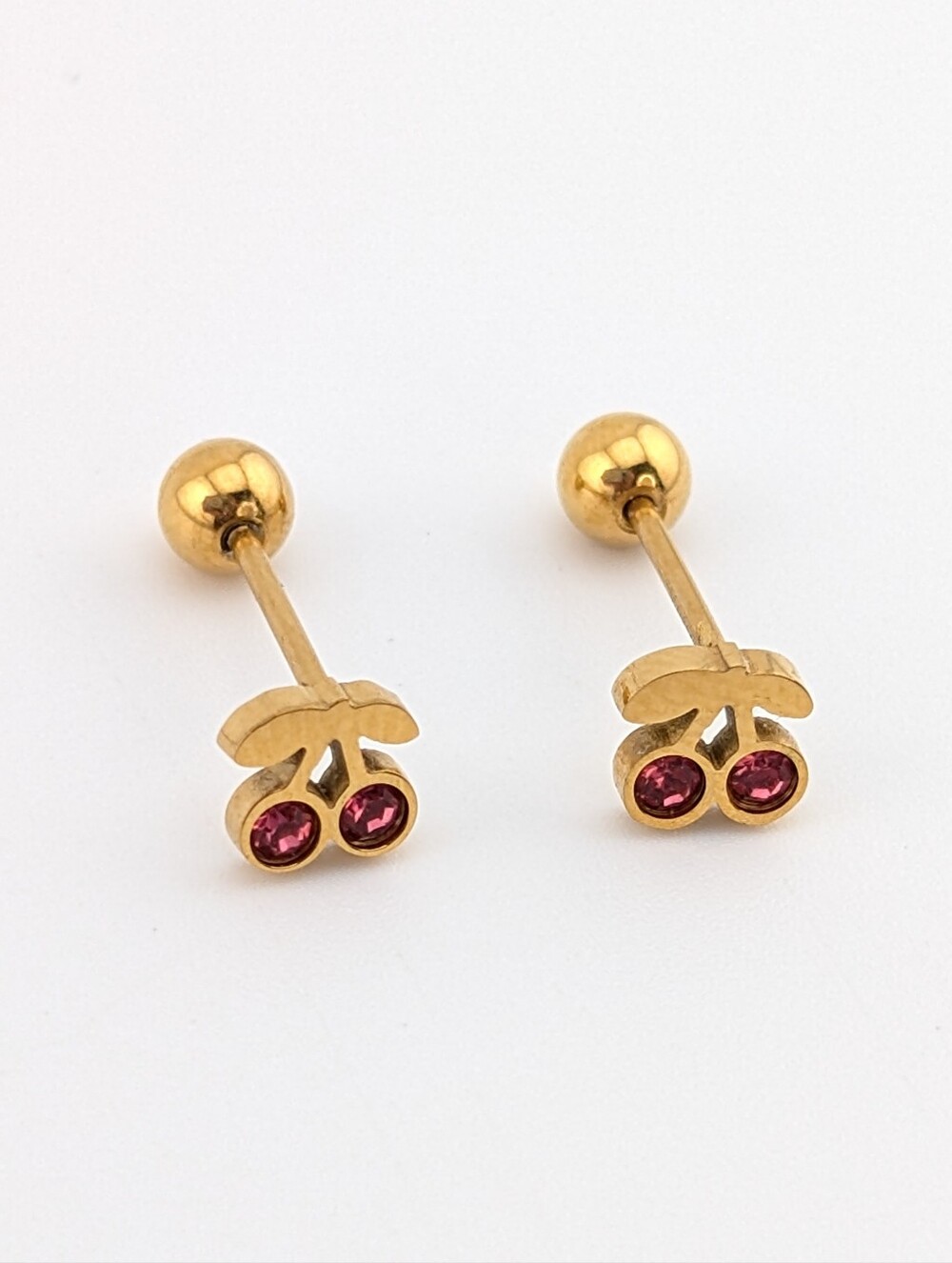 Gold Cherry Stud Earrings with Pink Stones Screwback